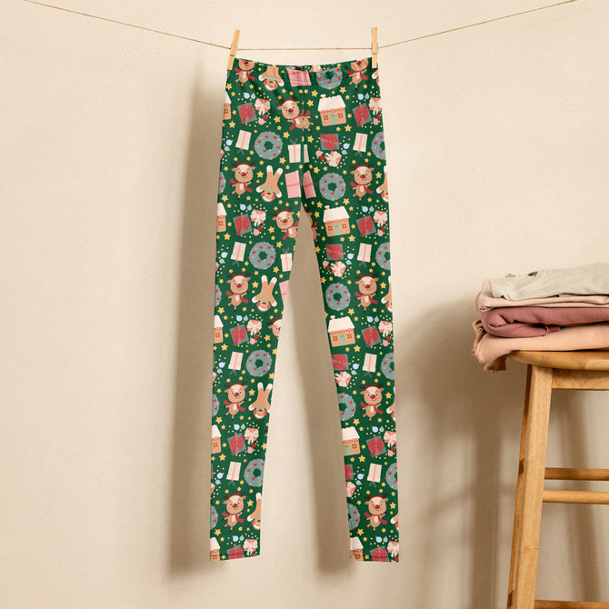 Youth Girl's Exclusive Leggings - Christmas Pattern - Gingerbread on Green