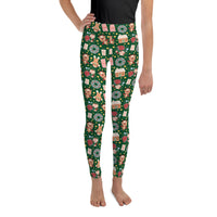 Youth Girl's Exclusive Leggings - Christmas Pattern - Gingerbread on Green