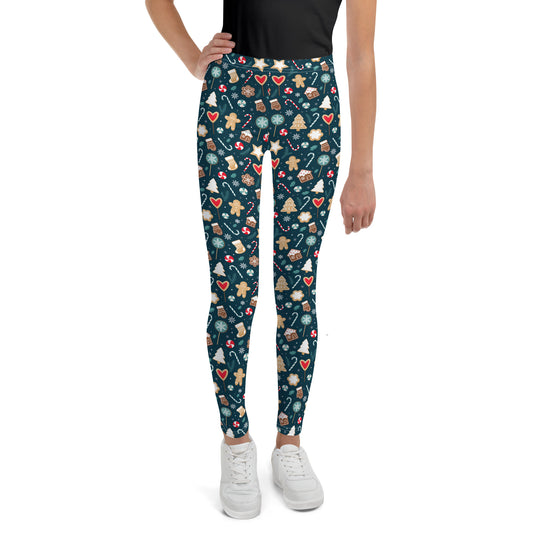 Youth Girl's Exclusive Leggings - Christmas Pattern - Gingerbread on Blue