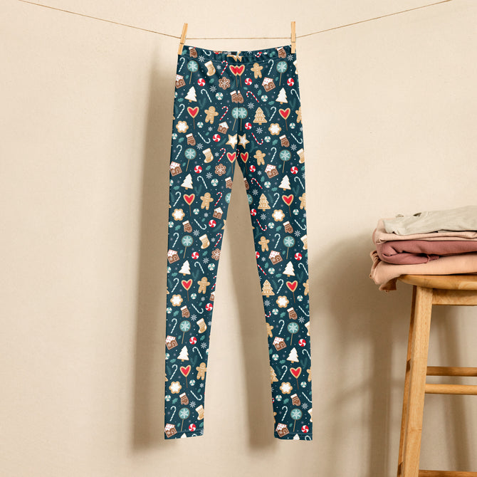 Youth Girl's Exclusive Leggings - Christmas Pattern - Gingerbread on Blue