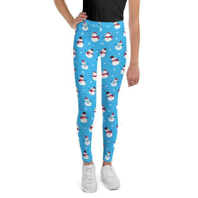 Youth Girl's Exclusive Leggings - Christmas Pattern - Snowman on Blue