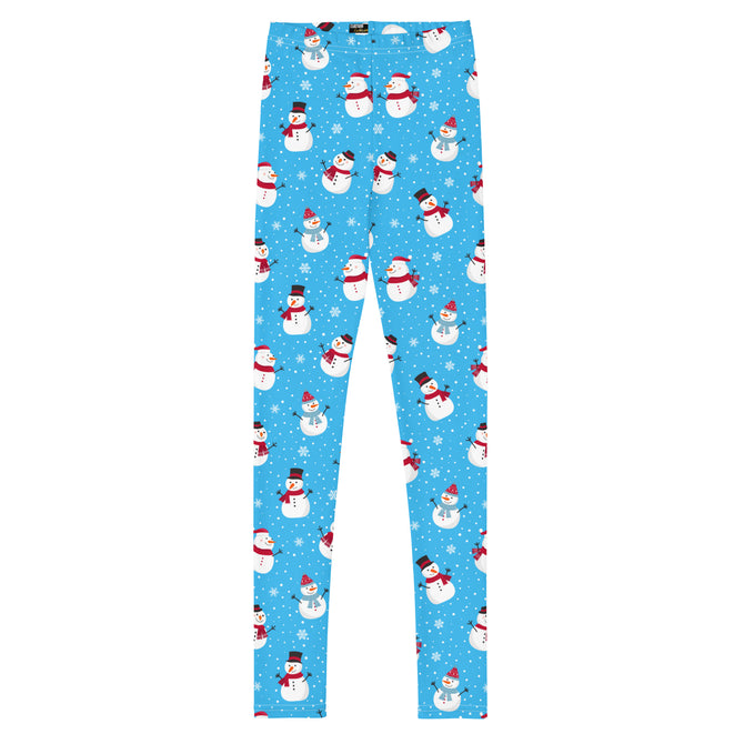 Youth Girl's Exclusive Leggings - Christmas Pattern - Snowman on Blue