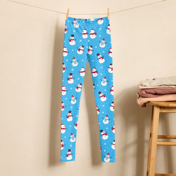 Youth Girl's Exclusive Leggings - Christmas Pattern - Snowman on Blue