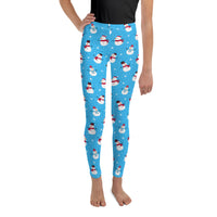 Youth Girl's Exclusive Leggings - Christmas Pattern - Snowman on Blue