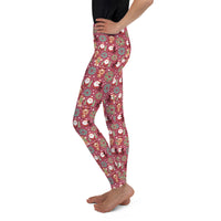 Youth Girl's Exclusive Leggings - Christmas Pattern - Santa Reindeer Gingerbread Man on Maroon