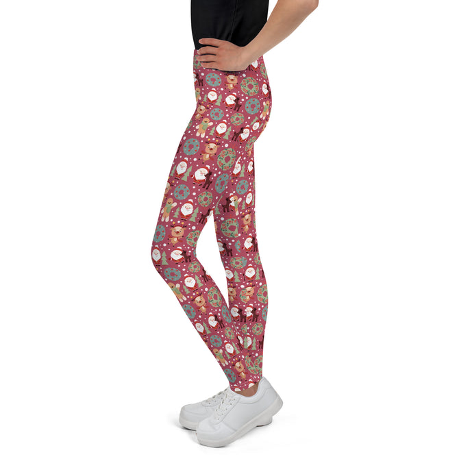 Youth Girl's Exclusive Leggings - Christmas Pattern - Santa Reindeer Gingerbread Man on Maroon