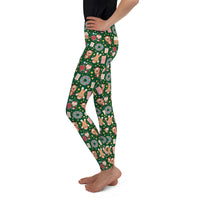 Youth Girl's Exclusive Leggings - Christmas Pattern - Gingerbread on Green