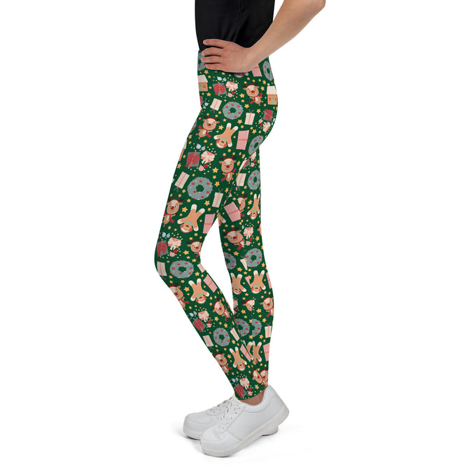 Youth Girl's Exclusive Leggings - Christmas Pattern - Gingerbread on Green