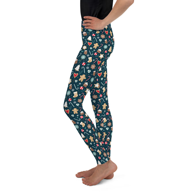 Youth Girl's Exclusive Leggings - Christmas Pattern - Gingerbread on Blue