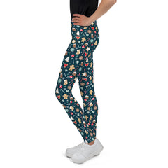 Youth Girl's Exclusive Leggings - Christmas Pattern - Gingerbread on Blue