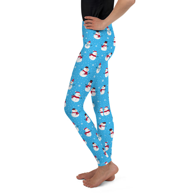 Youth Girl's Exclusive Leggings - Christmas Pattern - Snowman on Blue