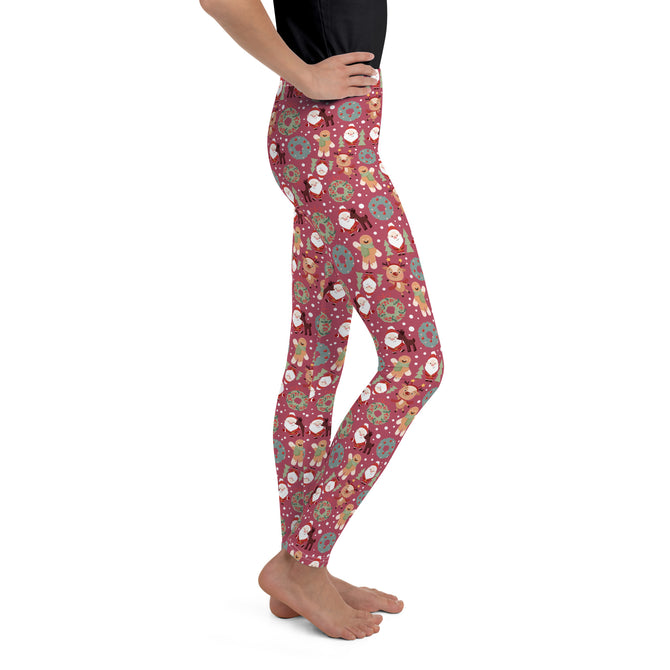 Youth Girl's Exclusive Leggings - Christmas Pattern - Santa Reindeer Gingerbread Man on Maroon