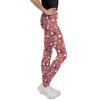 Youth Girl's Exclusive Leggings - Christmas Pattern - Santa Reindeer Gingerbread Man on Maroon