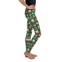 Youth Girl's Exclusive Leggings - Christmas Pattern - Gingerbread on Green