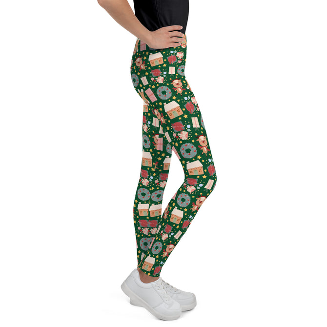 Youth Girl's Exclusive Leggings - Christmas Pattern - Gingerbread on Green