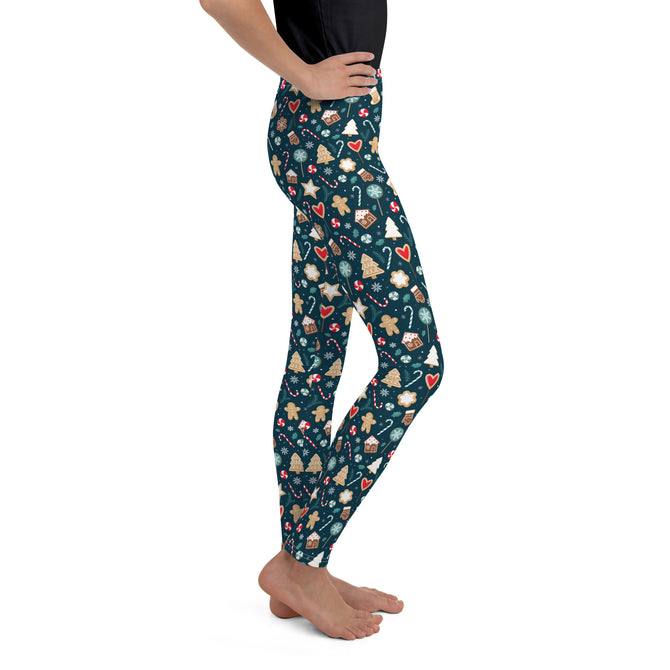 Youth Girl's Exclusive Leggings - Christmas Pattern - Gingerbread on Blue