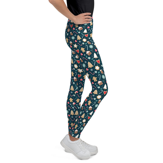 Youth Girl's Exclusive Leggings - Christmas Pattern - Gingerbread on Blue