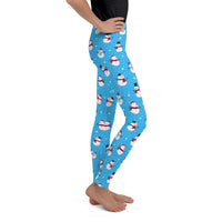 Youth Girl's Exclusive Leggings - Christmas Pattern - Snowman on Blue