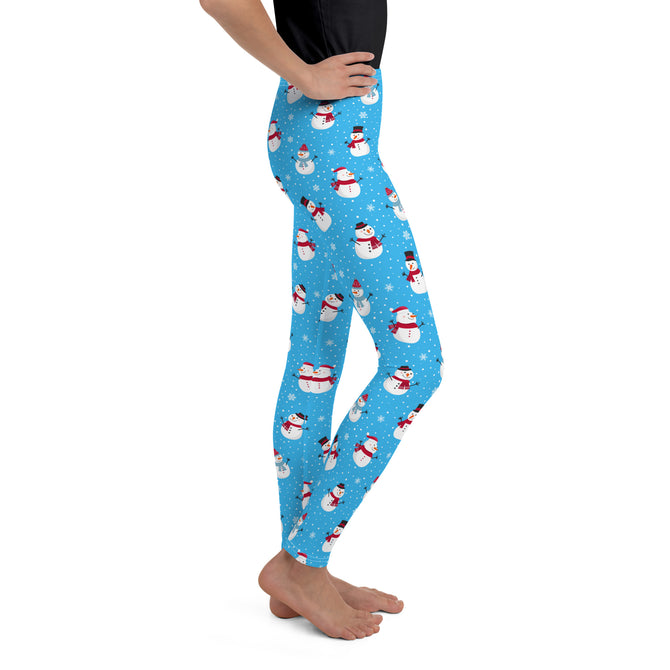 Youth Girl's Exclusive Leggings - Christmas Pattern - Snowman on Blue