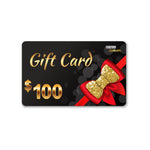 Gift card with a red bow and gold glitter on a black background priced 100 dollars