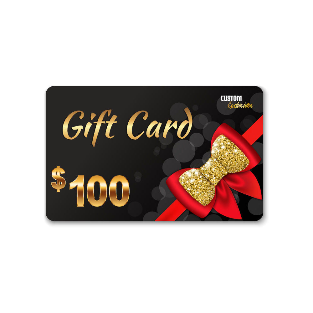 Gift card with a red bow and gold glitter on a black background priced 100 dollars