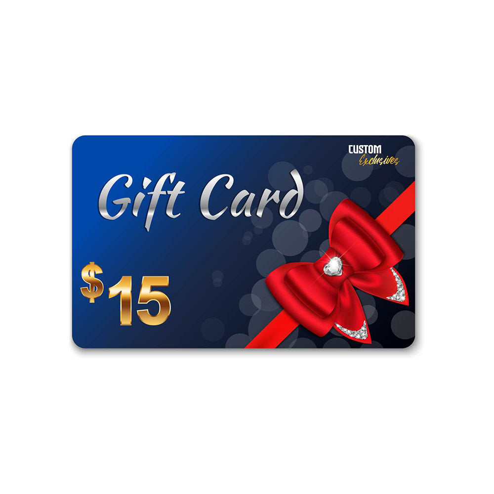 Gift card with a red bow and diamond on a blue background with 15 dollar amount shown
