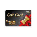 Gift card with a red bow and gold glitter on a black background priced 150 dollars