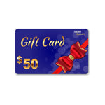 Gift card with a red bow on a blue background with 50 dollars on it