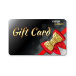 Gift card with a gold bow and red ribbon on a black background for customexclusives.com