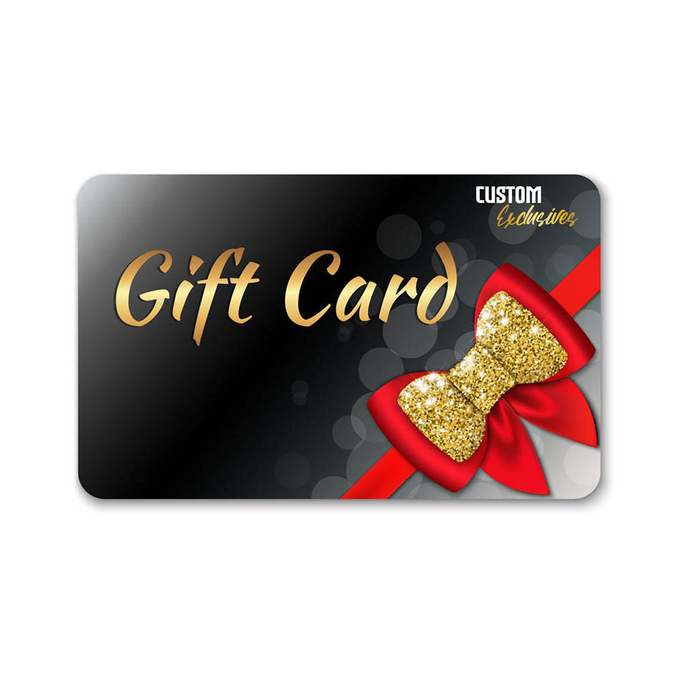 Gift card with a gold bow and red ribbon on a black background for customexclusives.com