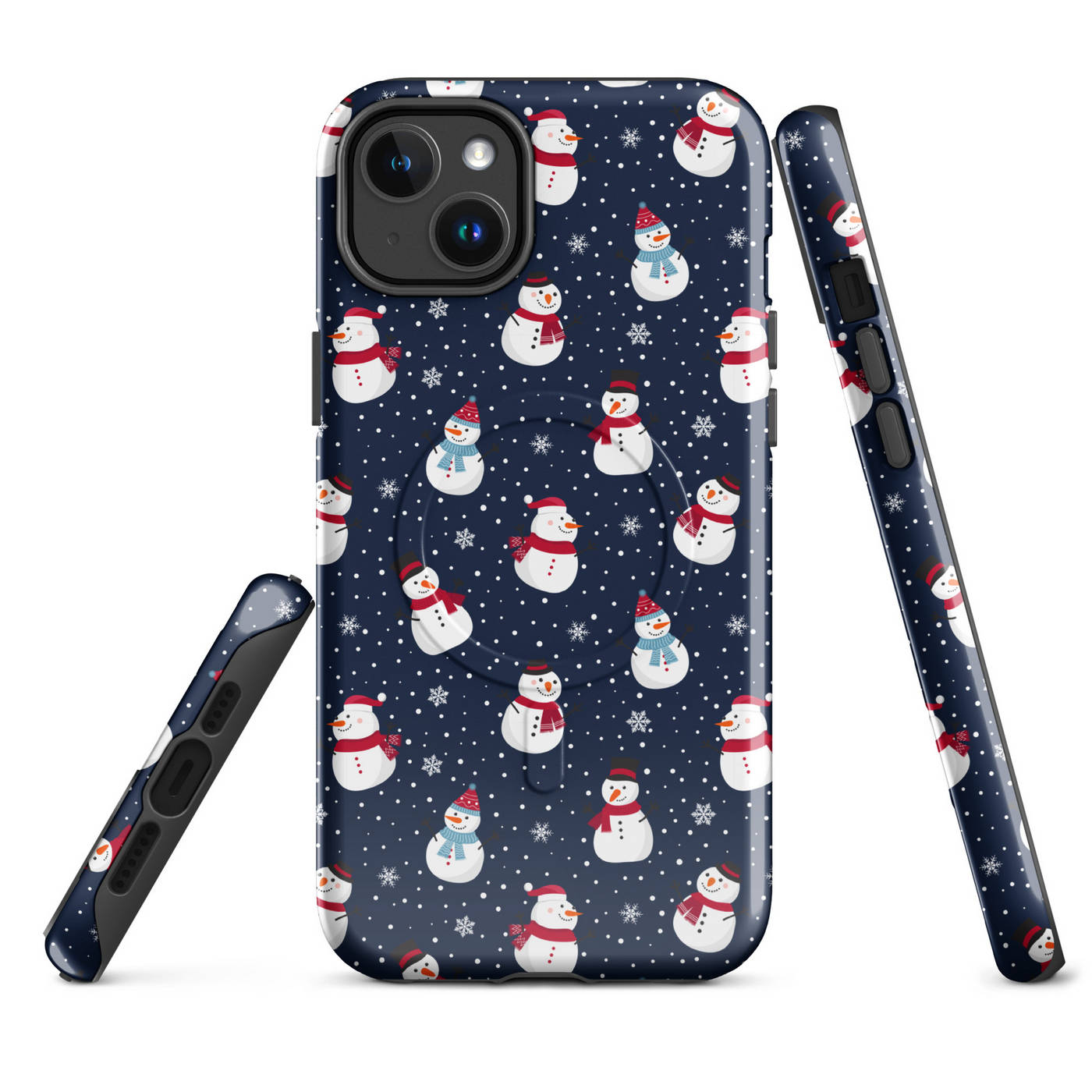 Phone case with snowman pattern on a blue background