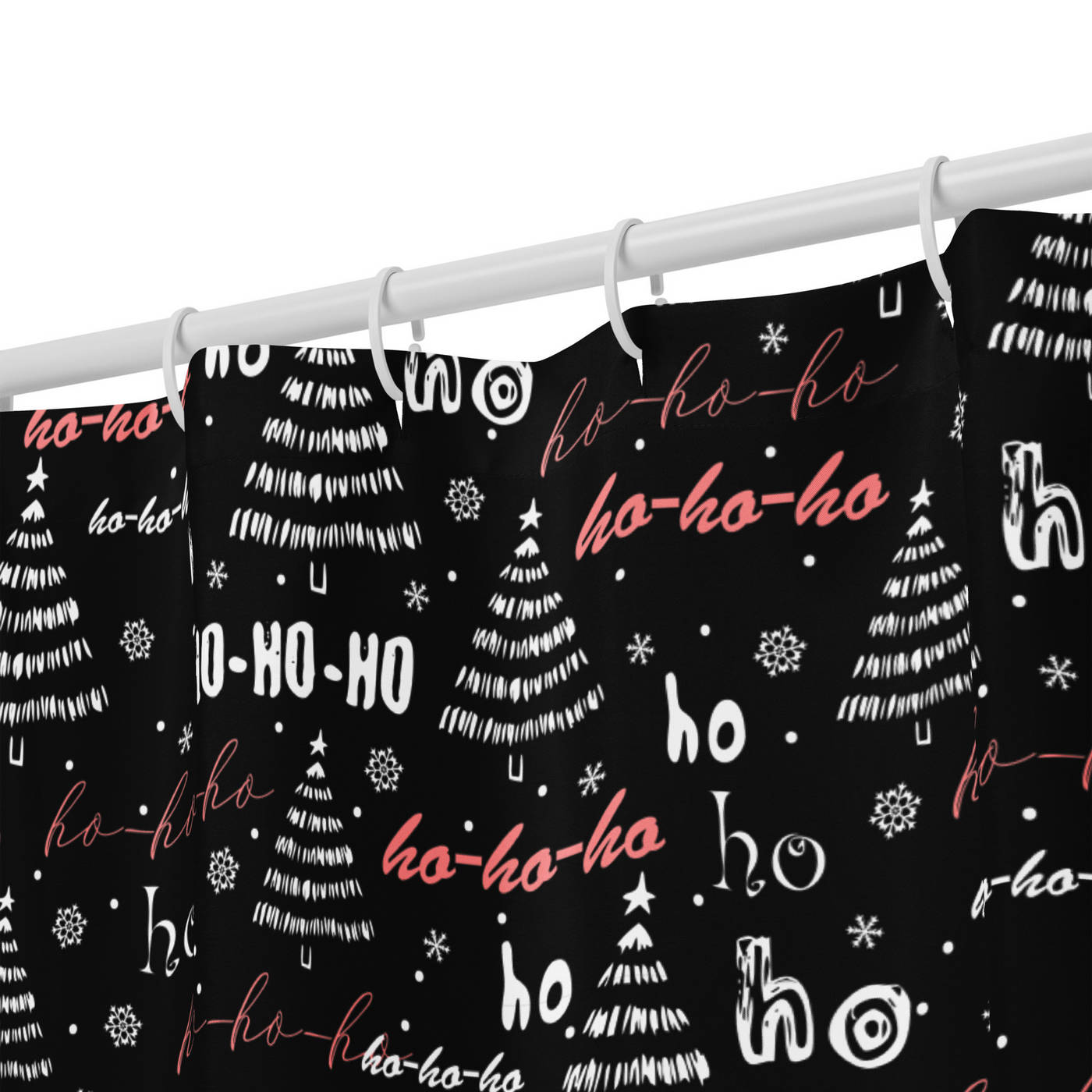 Bathroom Shower Curtain - Christmas Ho Ho Ho & Trees Pattern 1 on Black