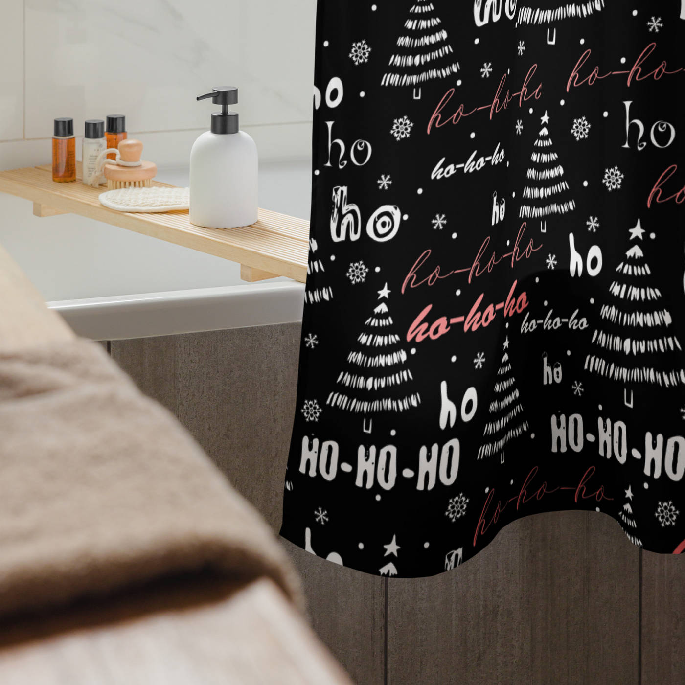 Bathroom Shower Curtain - Christmas Ho Ho Ho & Trees Pattern 1 on Black
