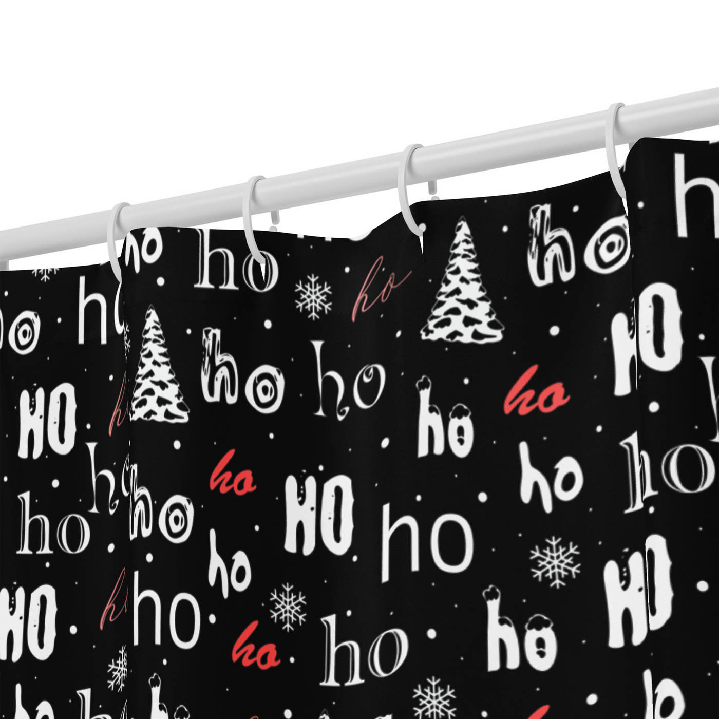 Bathroom Shower Curtain - Christmas Ho Ho Ho & Trees Pattern 2 on Black