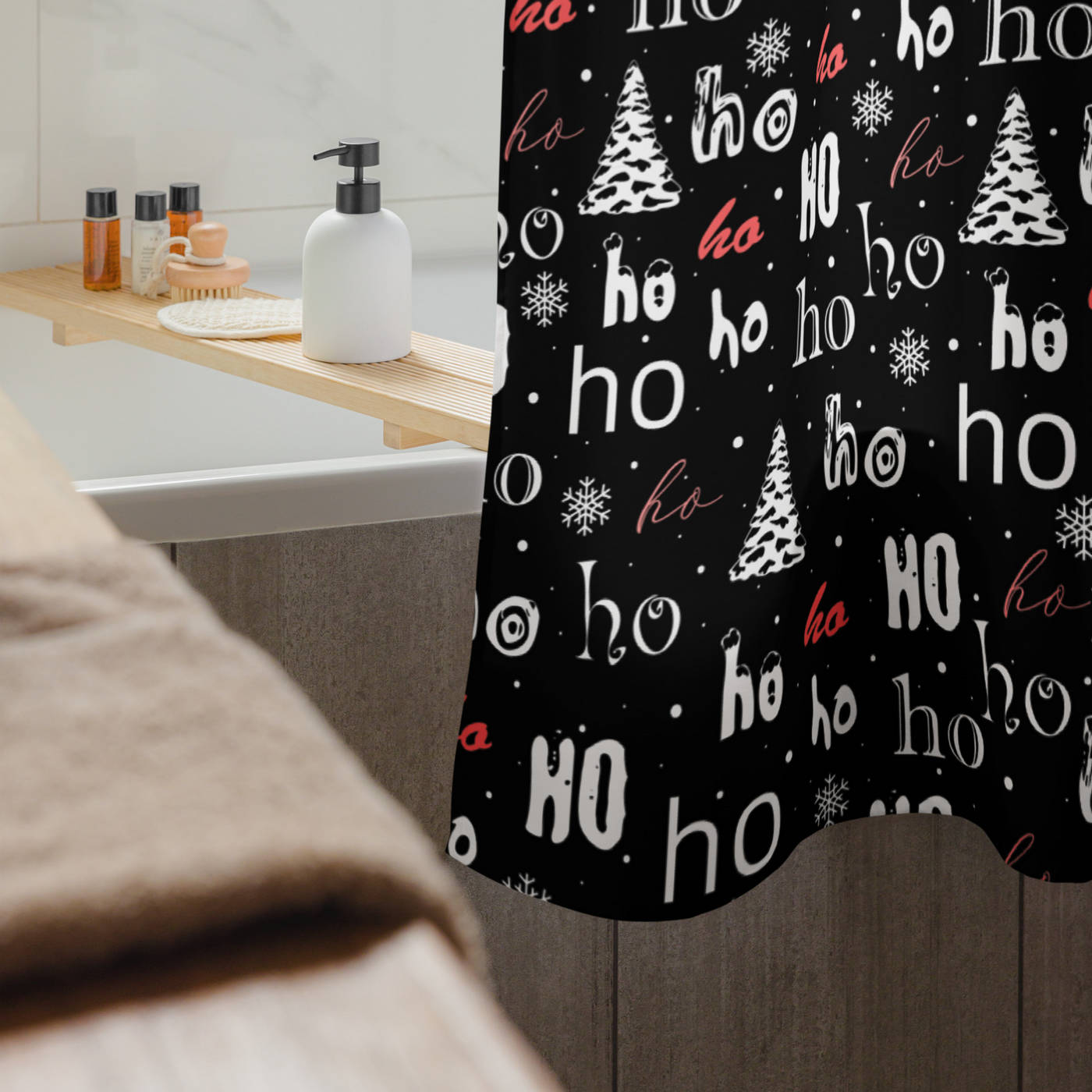 Bathroom Shower Curtain - Christmas Ho Ho Ho & Trees Pattern 2 on Black