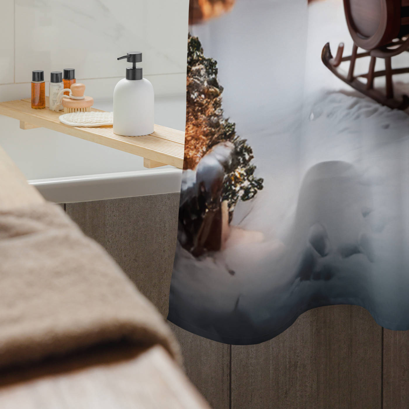 Bathroom Shower Curtain - Christmas Reindeer & Houses