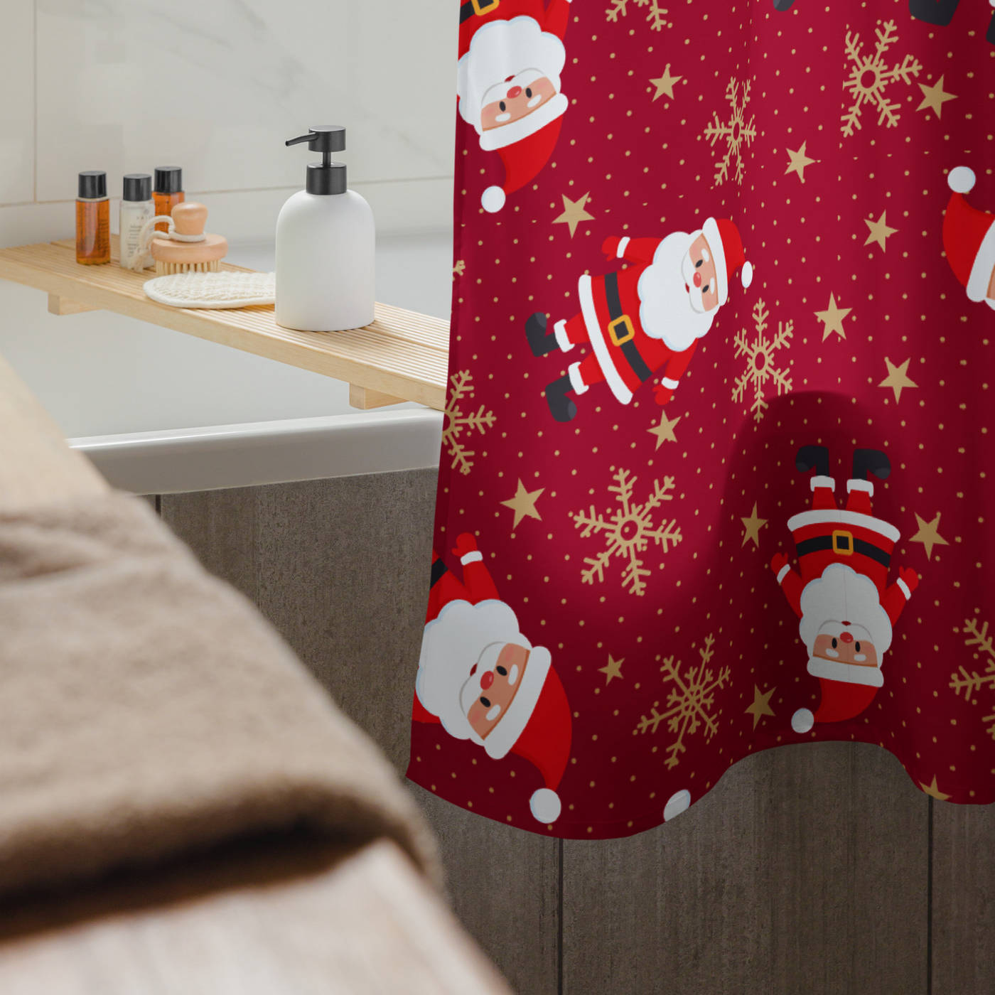Bathroom Shower Curtain - Christmas Santa & Snowflake Pattern on Red
