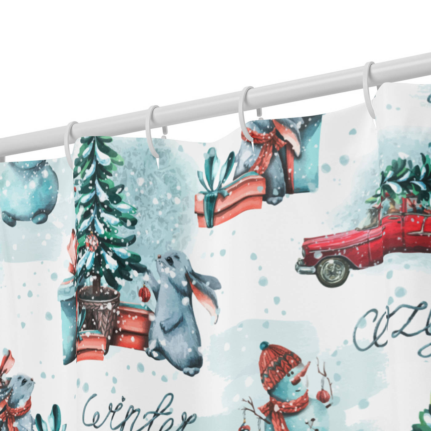 Bathroom Shower Curtain - Christmas Snowman & Vintage Truck Pattern
