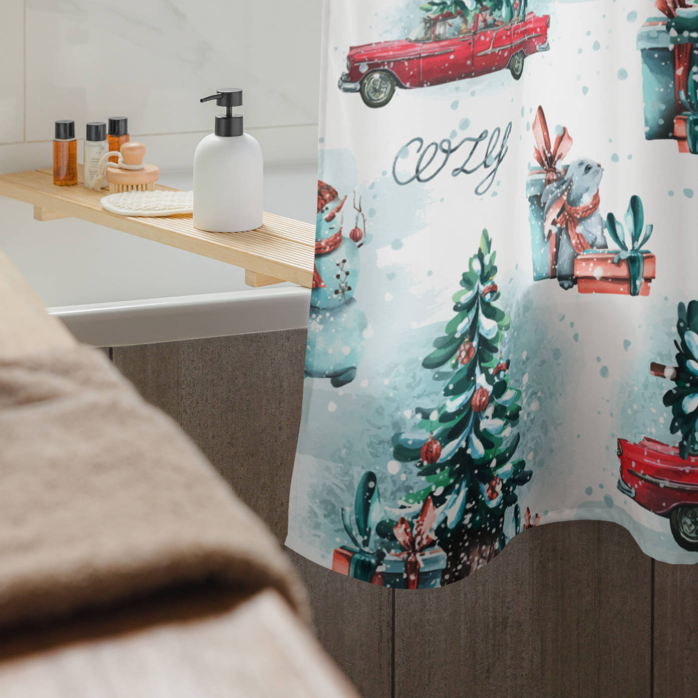 Bathroom Shower Curtain - Christmas Snowman & Vintage Truck Pattern