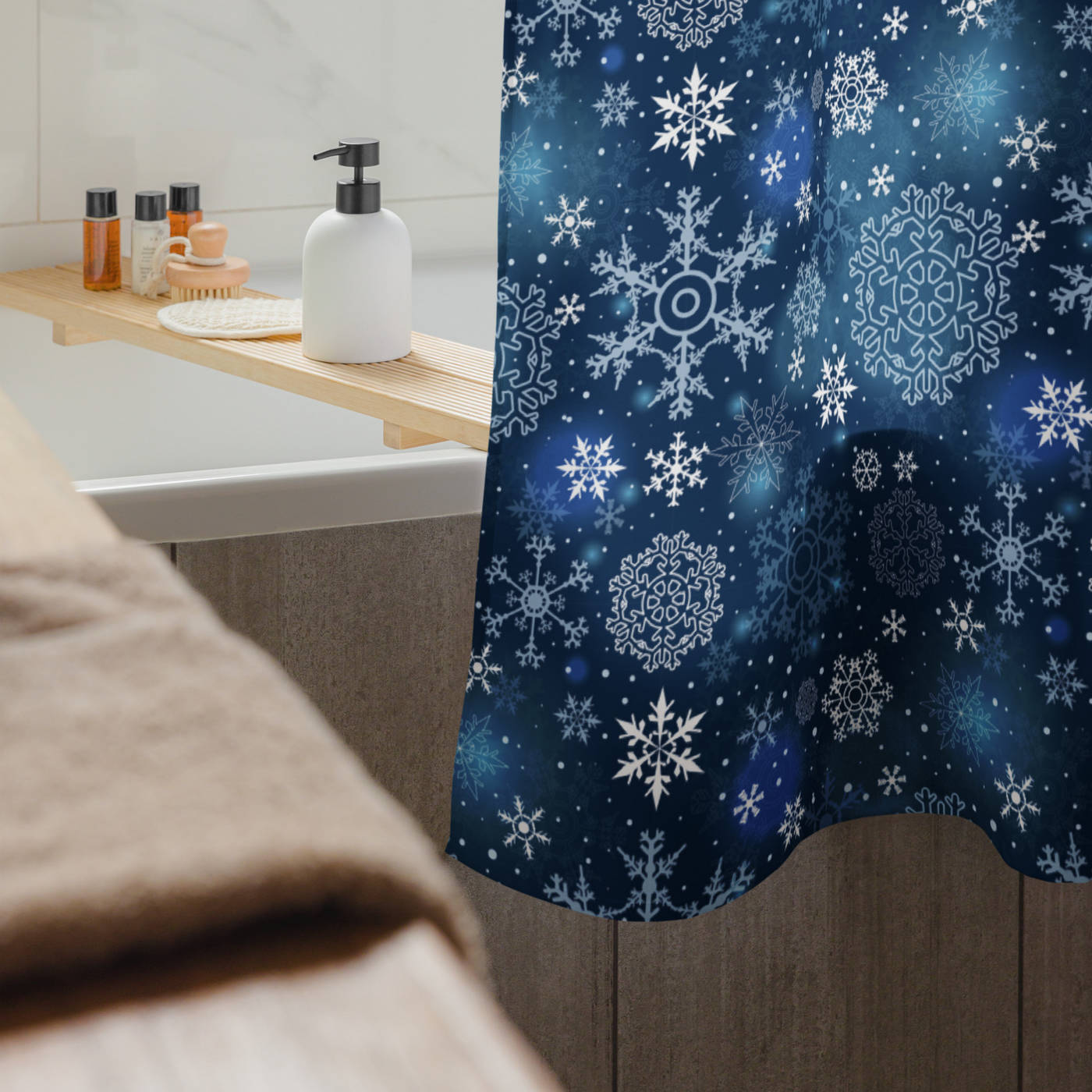 Bathroom Shower Curtain - Frosted Snowflakes on Blue