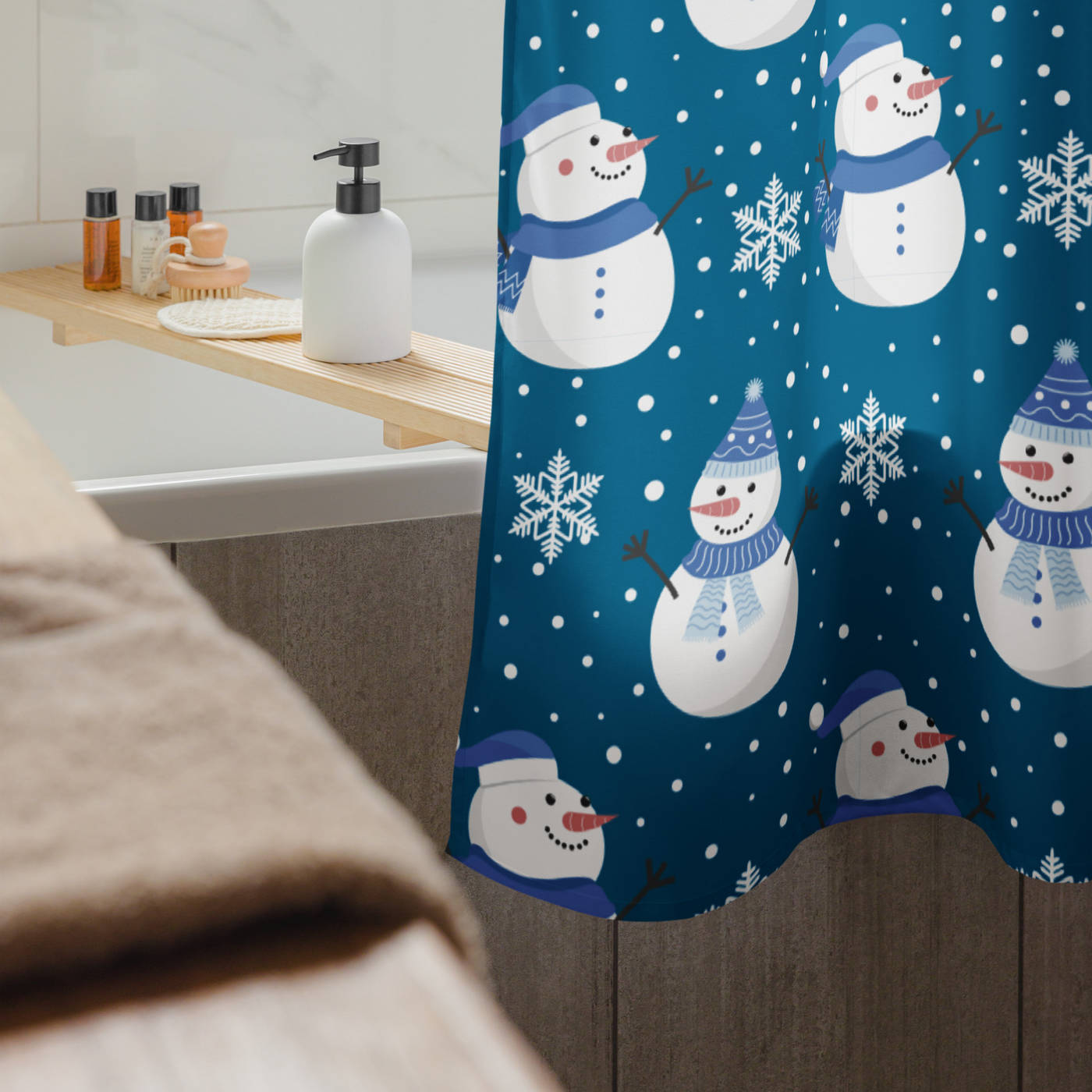 Bathroom Shower Curtain - Snowman Pattern on Blue