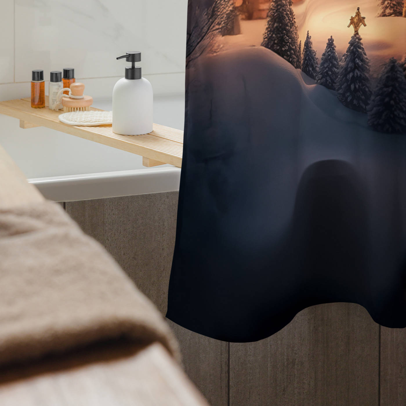 Bathroom Shower Curtain - Snowy Christmas House