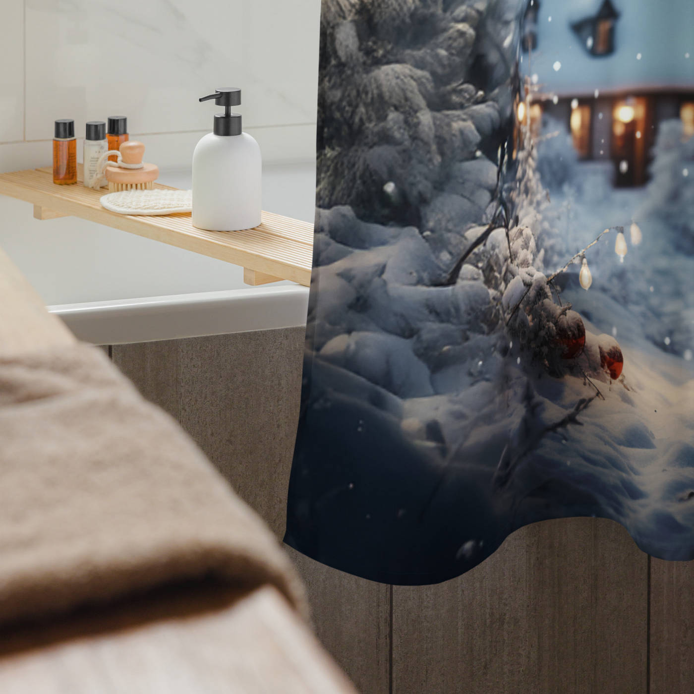 Bathroom Shower Curtain - Snowy Christmas House & Snowman