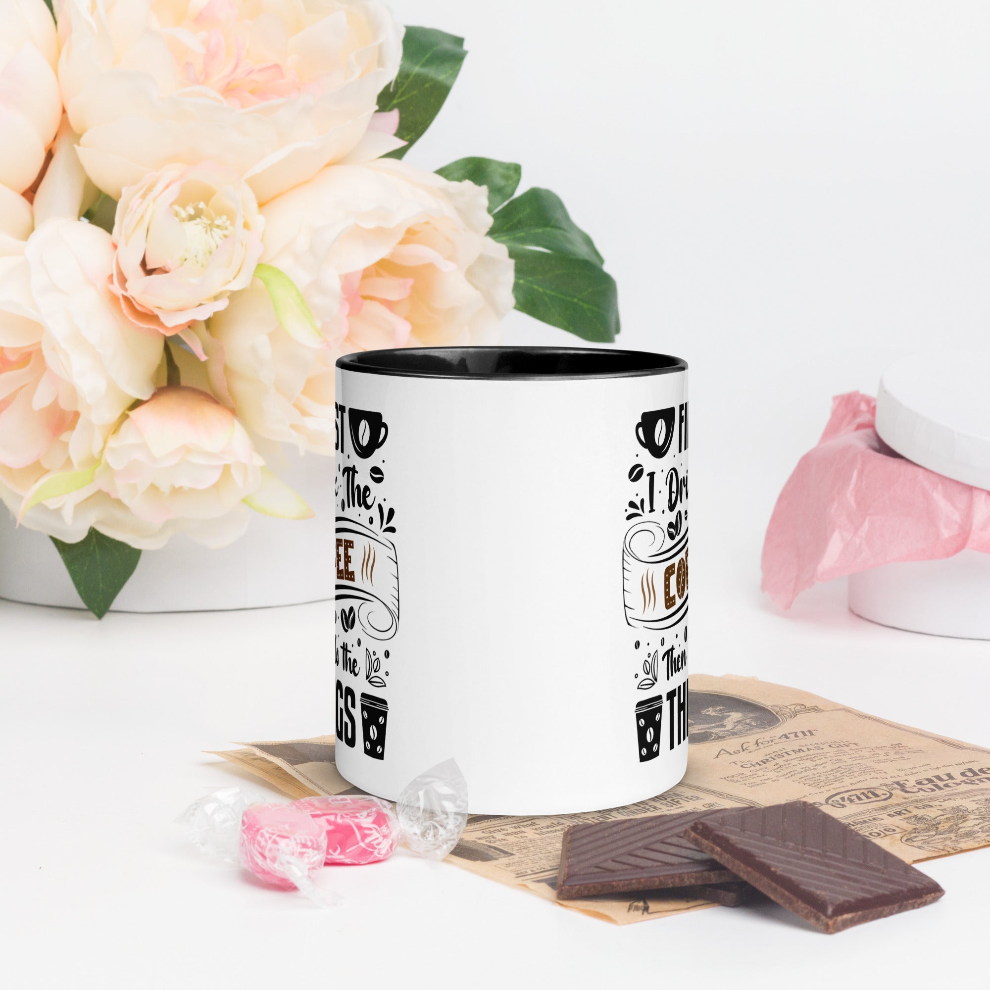 Two-Tone Ceramic Mug - Drinking Coffee (First I Drink The Coffee) - Black - 11oz - Front Side