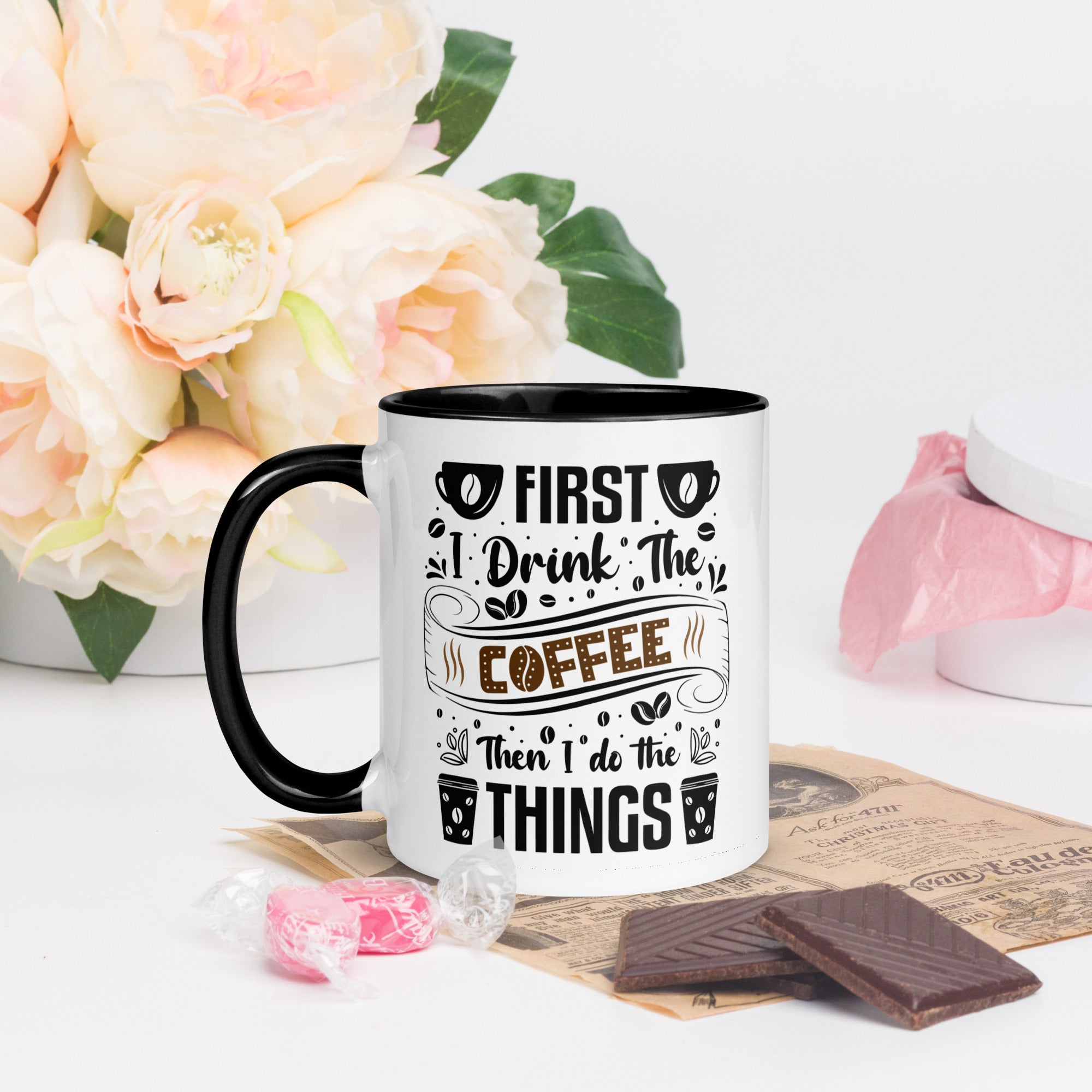 Two-Tone Ceramic Mug - Drinking Coffee (First I Drink The Coffee) - Black - 11oz - Left Side
