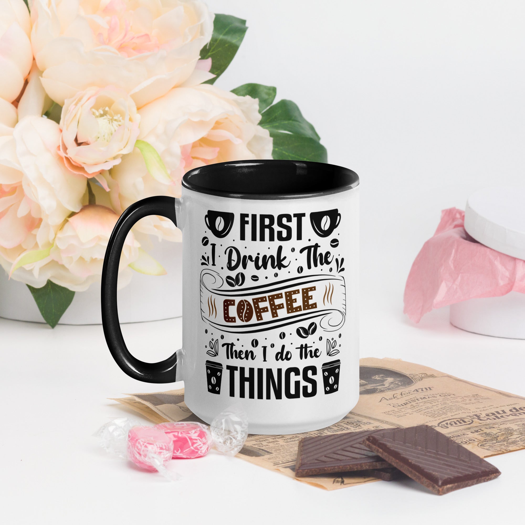 Two-Tone Ceramic Mug - Drinking Coffee (First I Drink The Coffee) - Black - 15oz - Left Side