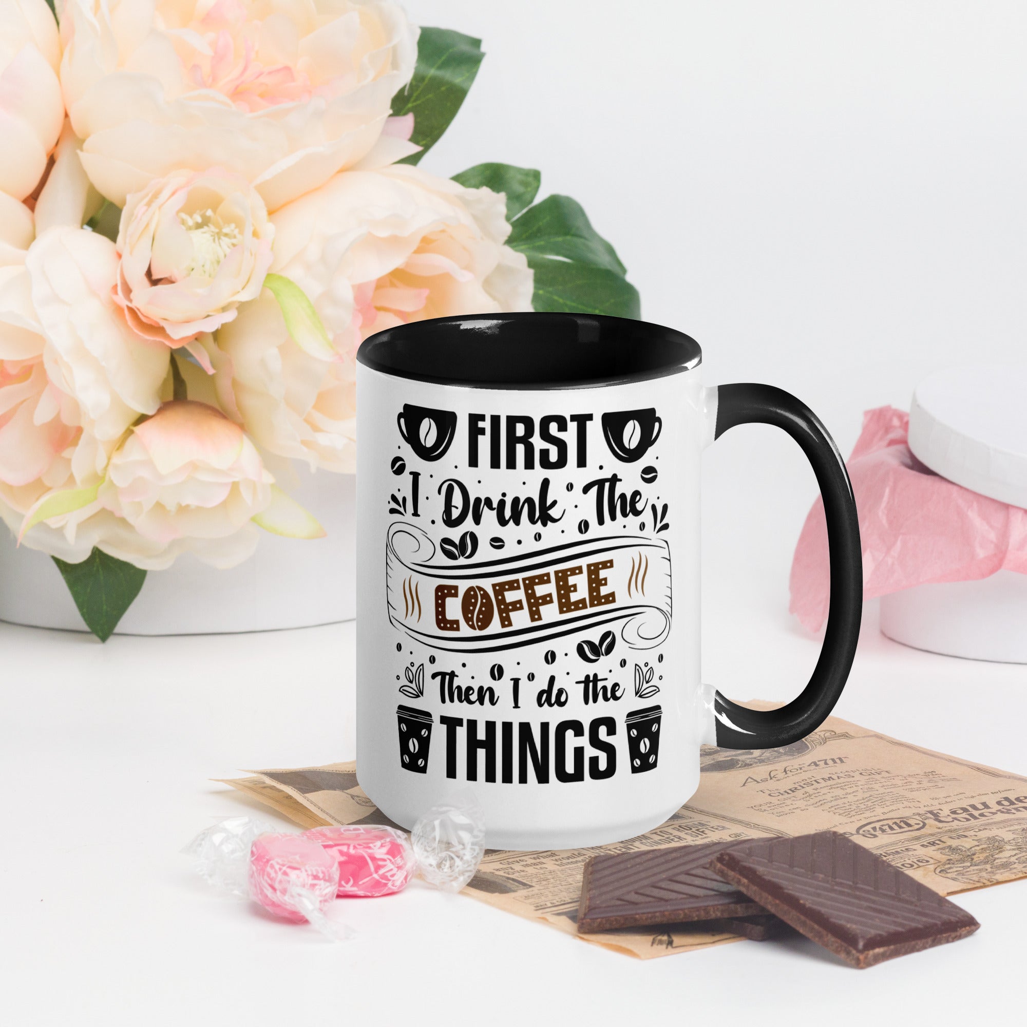 Two-Tone Ceramic Mug - Drinking Coffee (First I Drink The Coffee) - Black - 15oz - Right Side