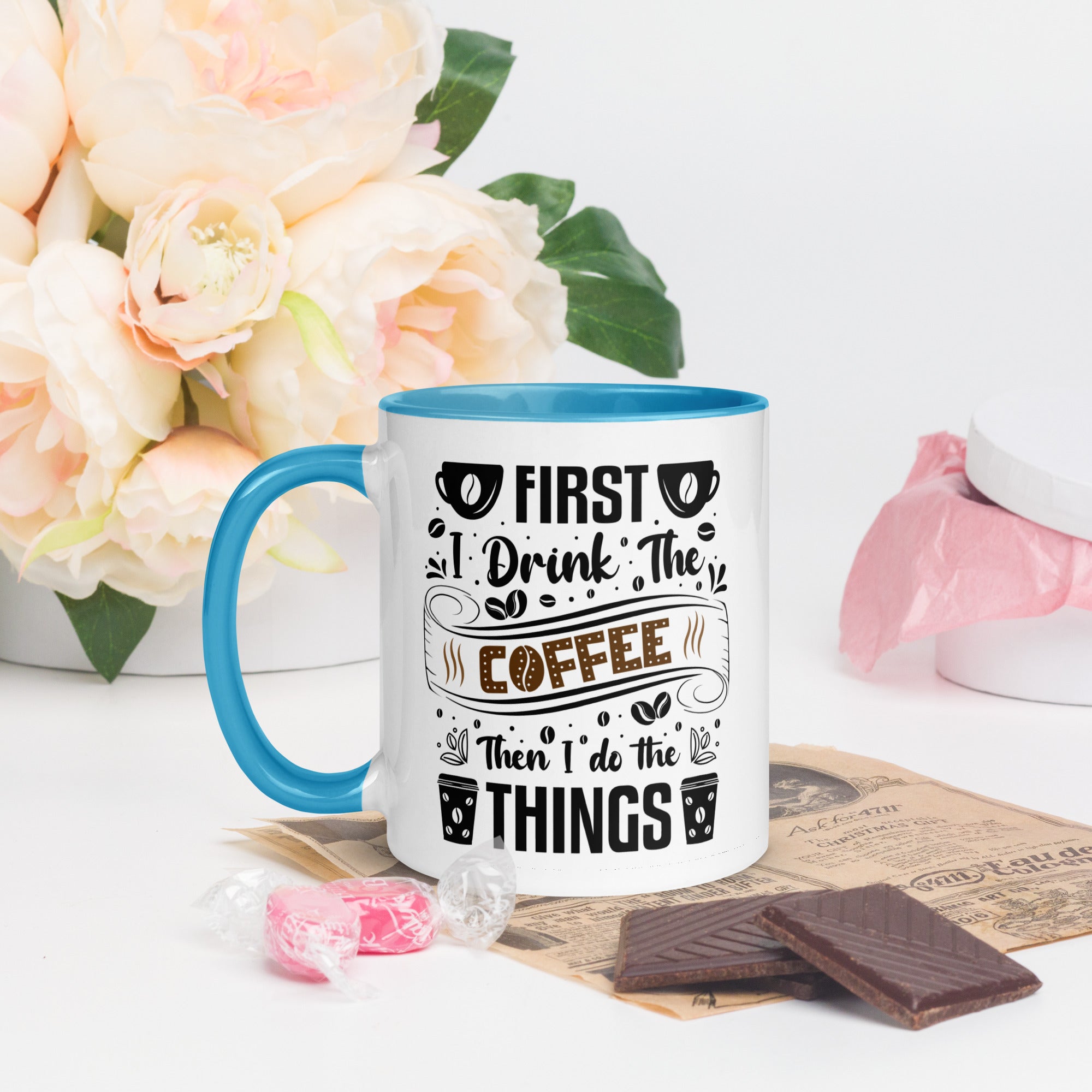 Two-Tone Ceramic Mug - Drinking Coffee (First I Drink The Coffee) - Blue - 11oz - Left Side