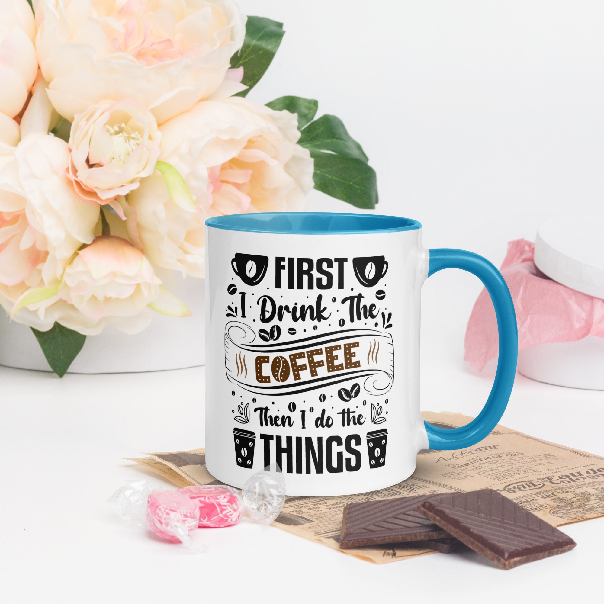 Two-Tone Ceramic Mug - Drinking Coffee (First I Drink The Coffee) - Blue - 11oz - Right Side