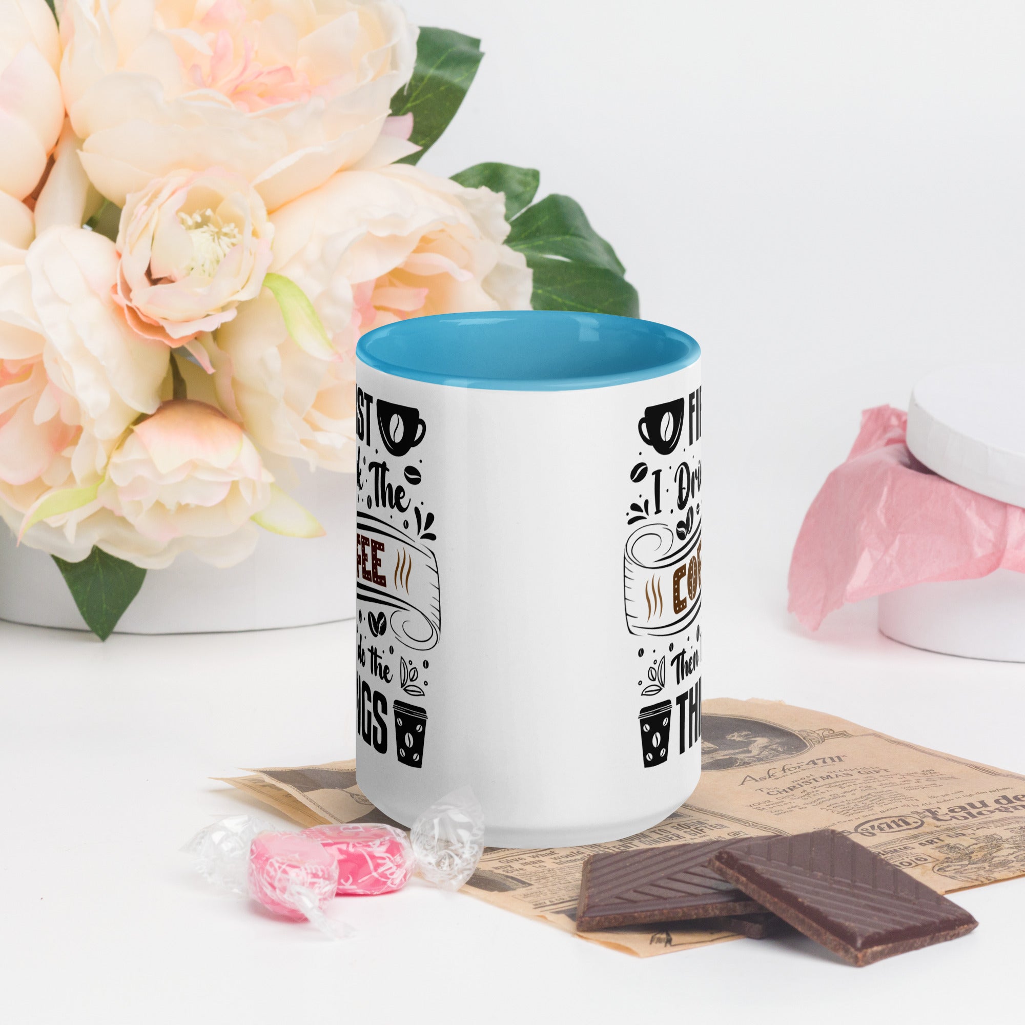 Two-Tone Ceramic Mug - Drinking Coffee (First I Drink The Coffee) - Blue - 15oz - Front Side